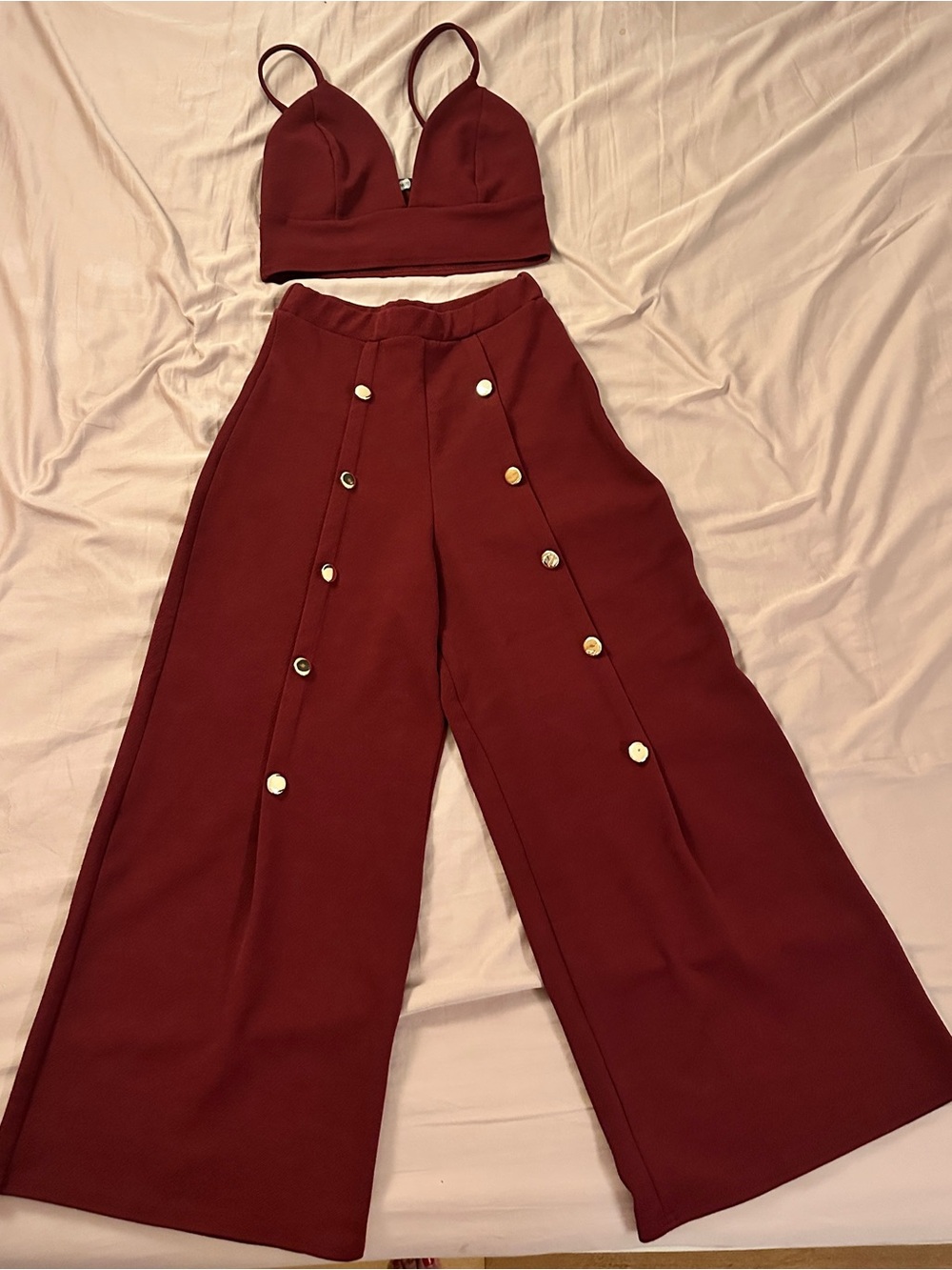 Boohoo Burgundy Matching Set Bralette & Wide-Leg Button-Front Pants